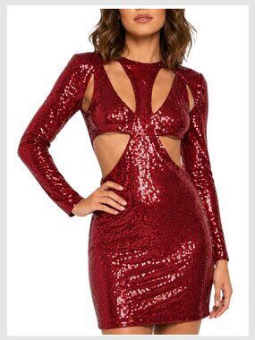 Fashion Nova Red Sequin Cutout Mini Dress Long Sleeve Party XS